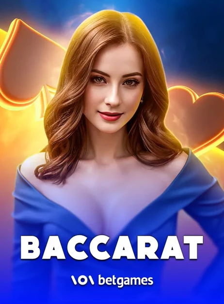 หน้าปกบาคาร่าสด Baccarat หญิงสาวในชุดน้ำเงินพร้อมหน้าไพ่