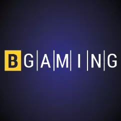 โลโก้ BGaming ตัวอักษรเด่นบนพื้นหลังสีน้ำเงินเข้ม