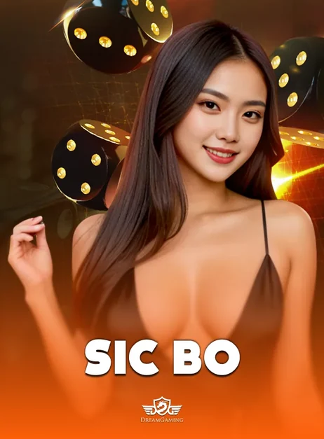 หน้าปกไฮโลสด Sic Bo แสดงหญิงสาวกับลูกเต๋าสีดำ