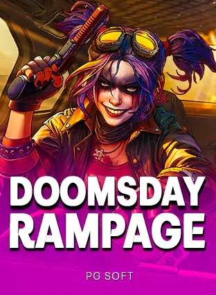 หน้าปก Doomsday Rampage สาวนักรบสวมแว่นถือปืนบนพื้นหลังสีม่วง