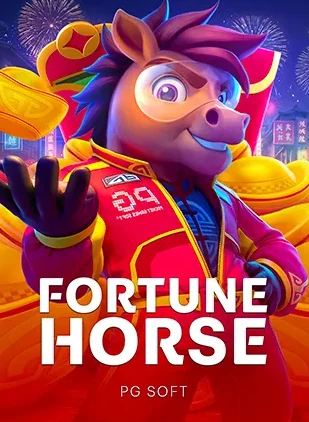 หน้าปกเกมสล็อต Fortune Horses ม้าสีม่วงสวมชุดลงแข่ง