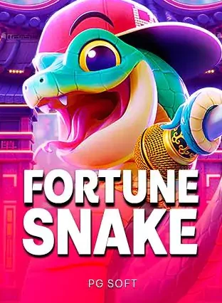 ปกเกม Fortune Snake งูสีเขียวพร้อมไมโครโฟนบนพื้นหลังชมพู