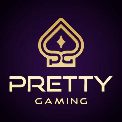 โลโก้ Pretty Gaming ลายตัวอักษรสีทองบนพื้นน้ำเงินเข้ม